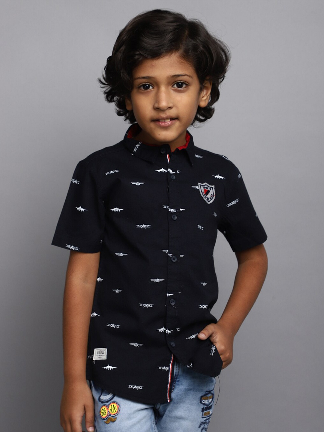 

V-Mart Boys Conversational Printed Cotton Casual Shirt, Navy blue