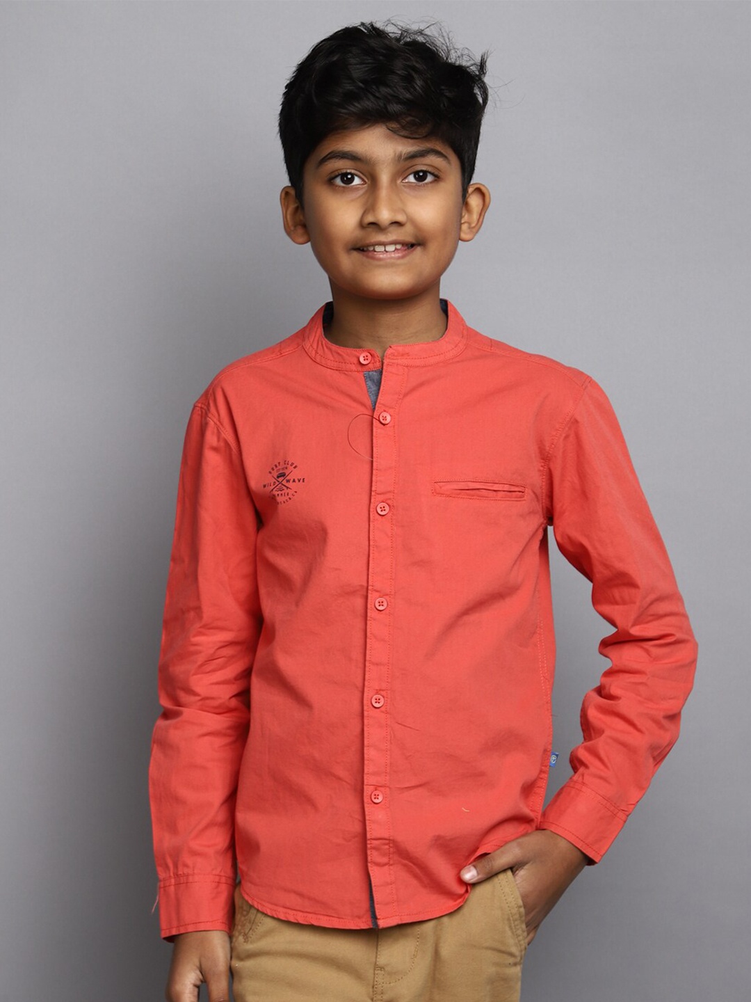 

V-Mart Boys Mandarin Collar Cotton Casual Shirt, Peach
