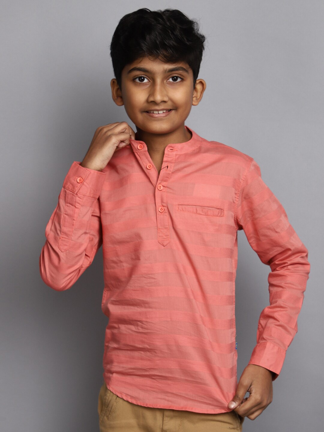 

V-Mart Boys Striped Band Collar Long Sleeve Cotton Slub Regular Fit Shirt, Peach