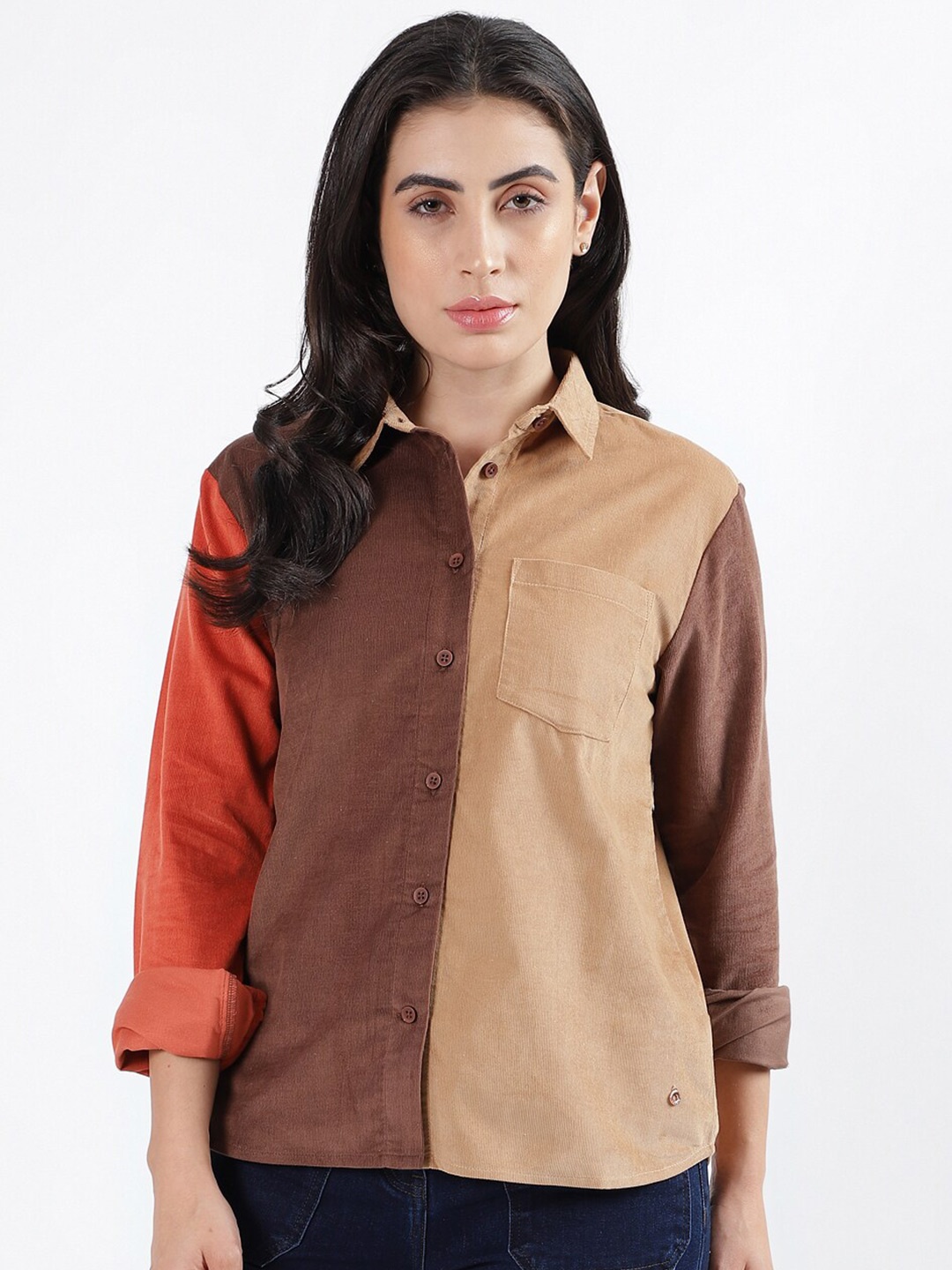 

Iconic Colourblocked Spread Collar Casual Pure Cotton Shirt, Beige