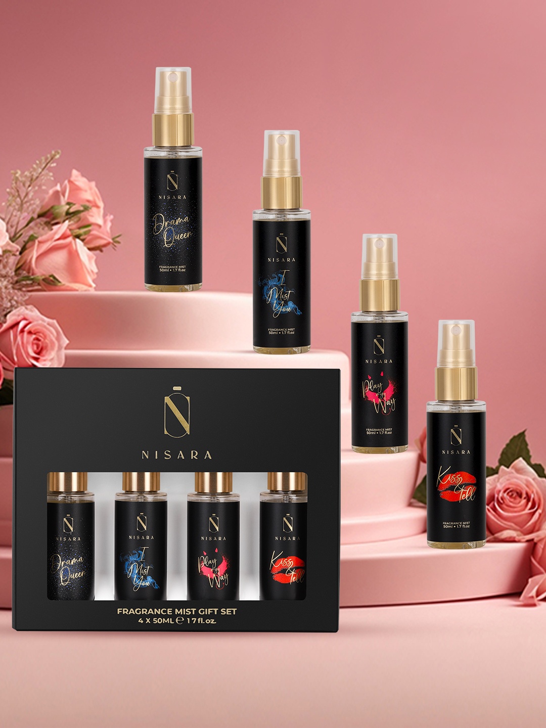 

NISARA Women Set of 4 Fragrance Mist Gift Set - 50ml Each, Black