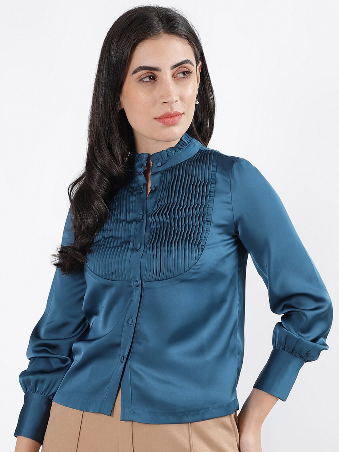 

CENTRESTAGE Band Collar Pin Tucks & Ruffled Casual Shirt, Teal