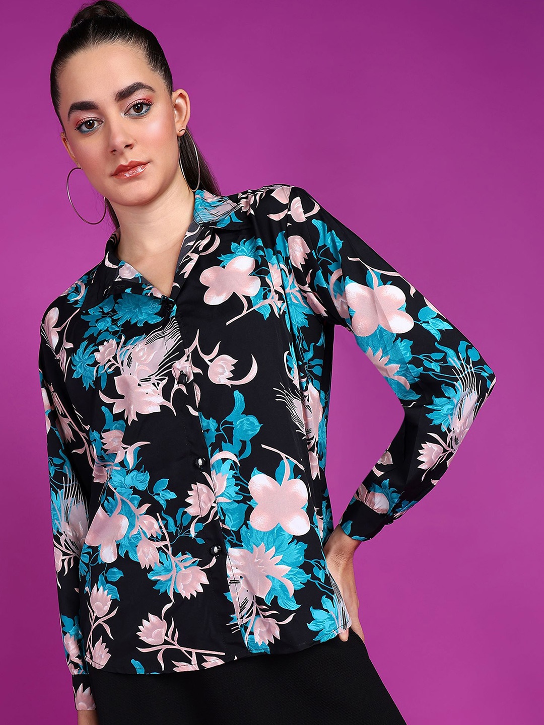 

Popwings Smart Floral Printed Long Sleeves Crepe Casual Shirt, Black