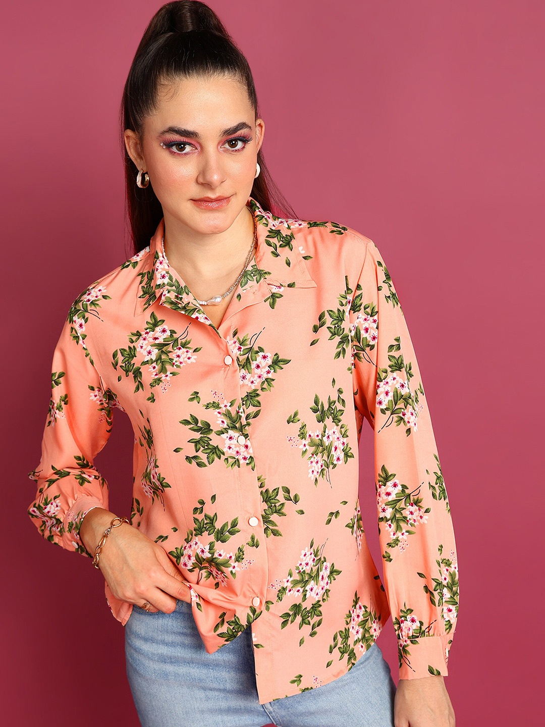 

Popwings Smart Floral Printed Long Sleeves Crepe Casual Shirt, Peach