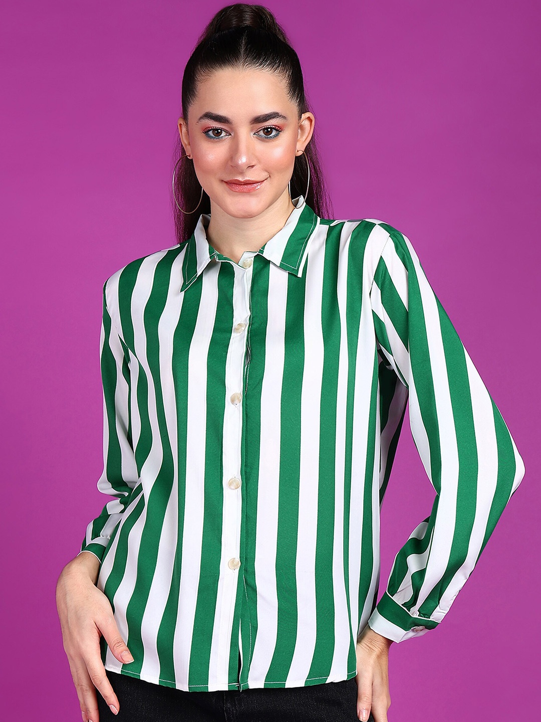 

Popwings Smart Striped Long Sleeves Crepe Casual Shirt, Green