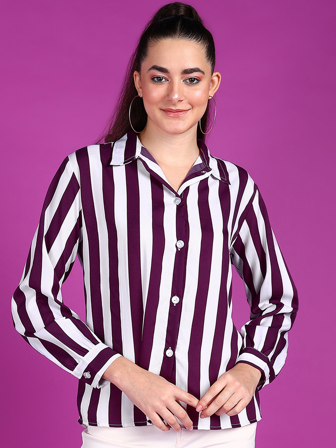 

Popwings Smart Striped Long Sleeves Crepe Casual Shirt, Purple