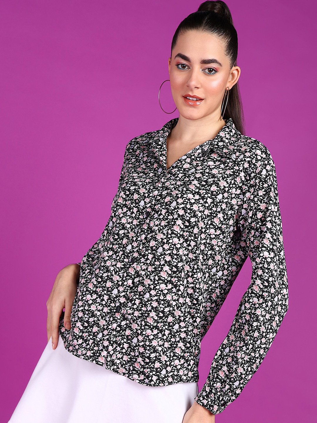 

Popwings Smart Floral Printed Casual Shirt, Black