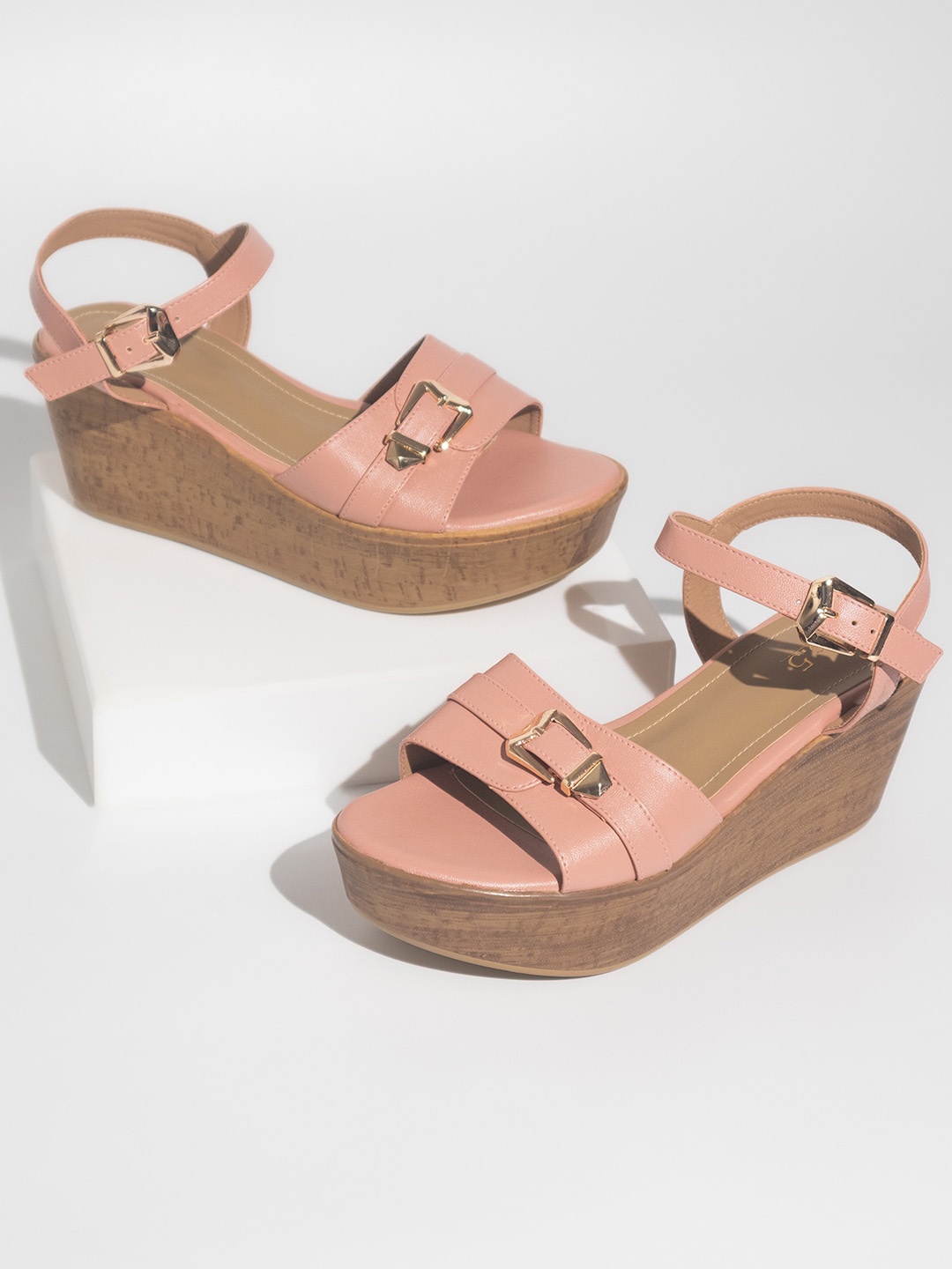 

Inc 5 Buckle Detail Open Toe Flatform Heels, Peach