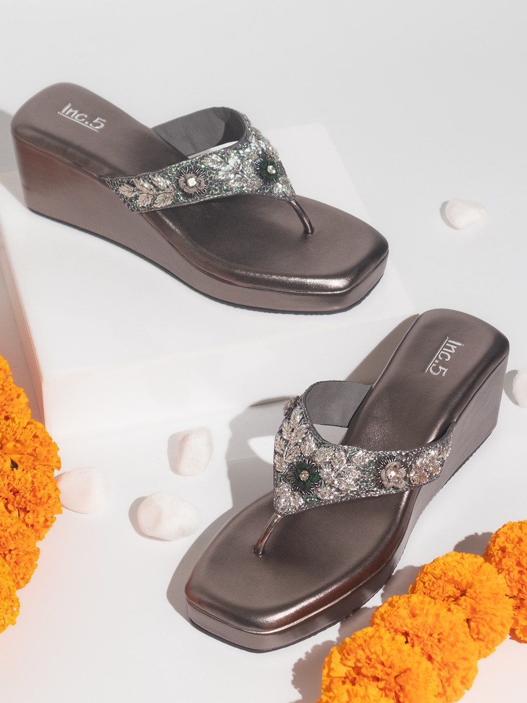 

Inc 5 Embellished Ethnic Wedge Heels, Grey