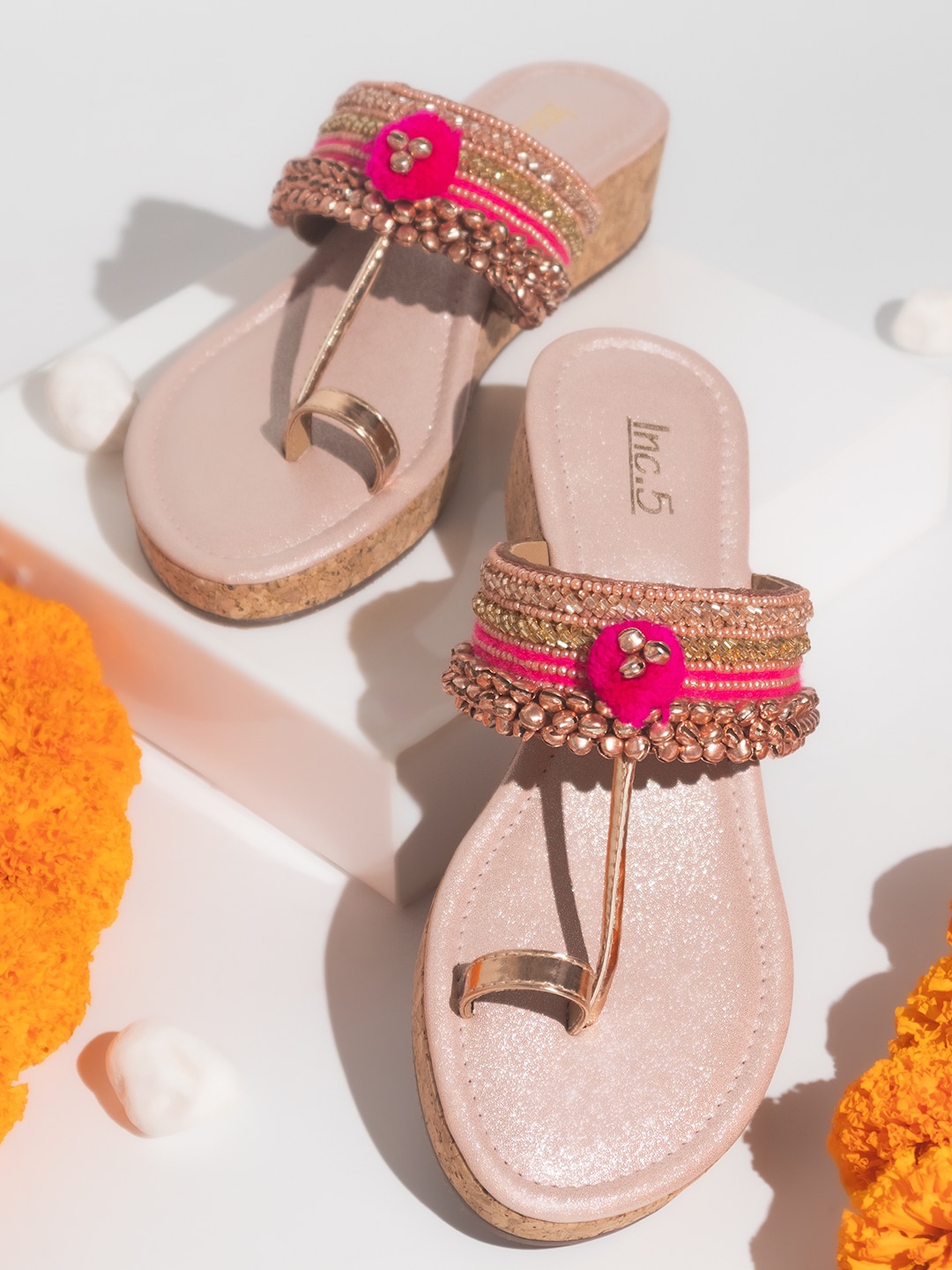 

Inc 5 Ethnic Embellished One Toe Wedges With Ankle Bells, Rose gold