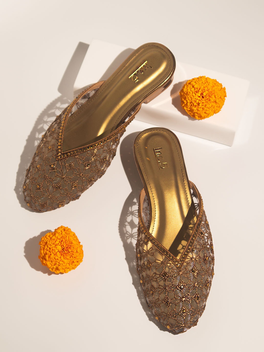 

Inc 5 Ethnic Embellished Block Mules, Gold