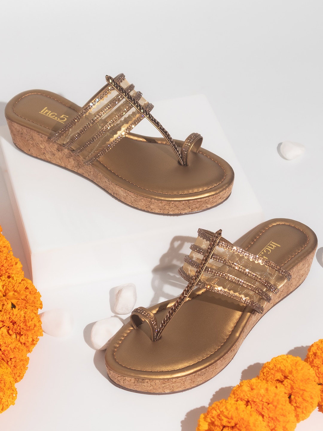

Inc 5 Ethnic Embellished One Toe Wedges, Gold