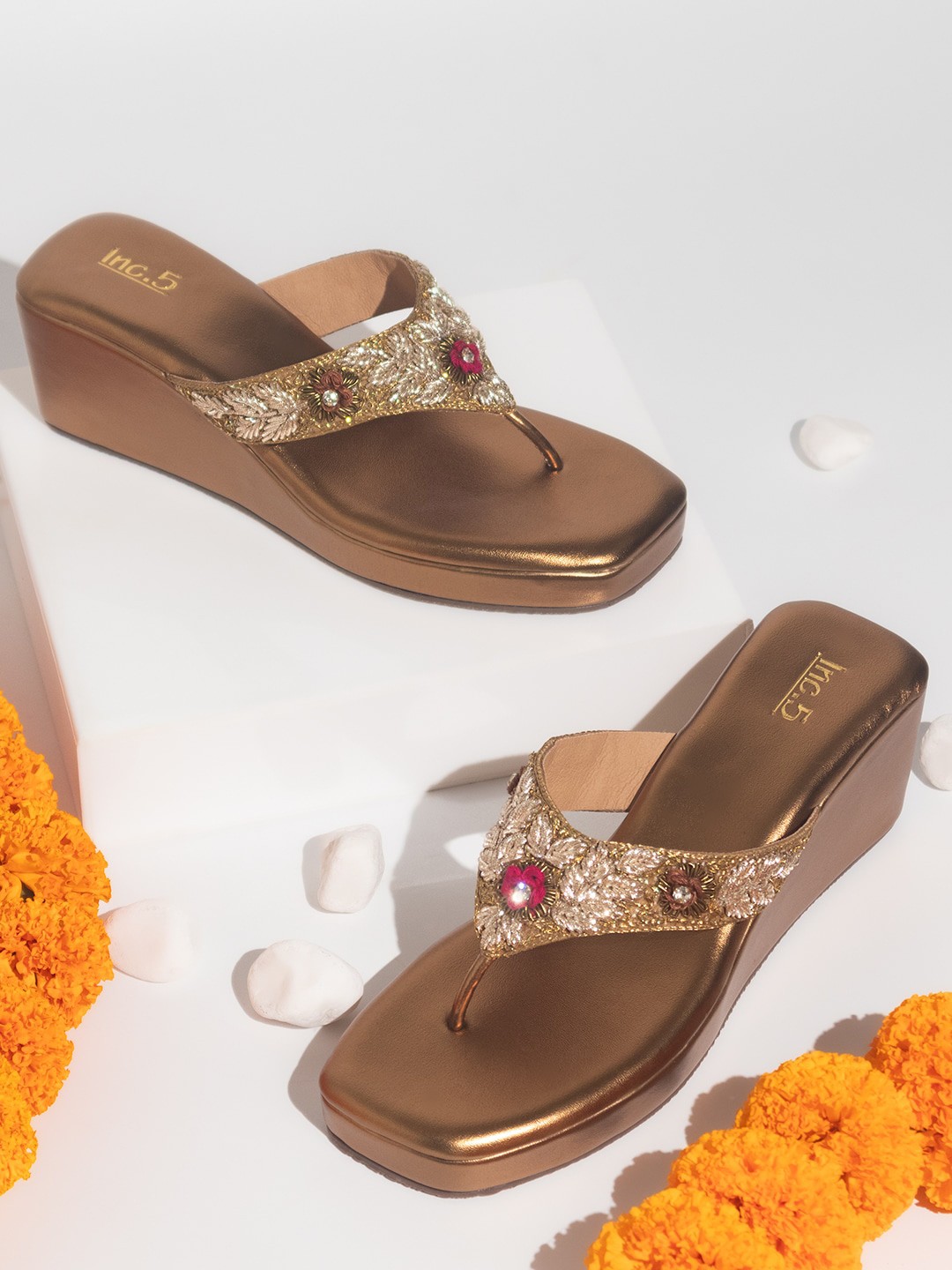 

Inc 5 Embellished Open Toe Wedge Heels, Gold