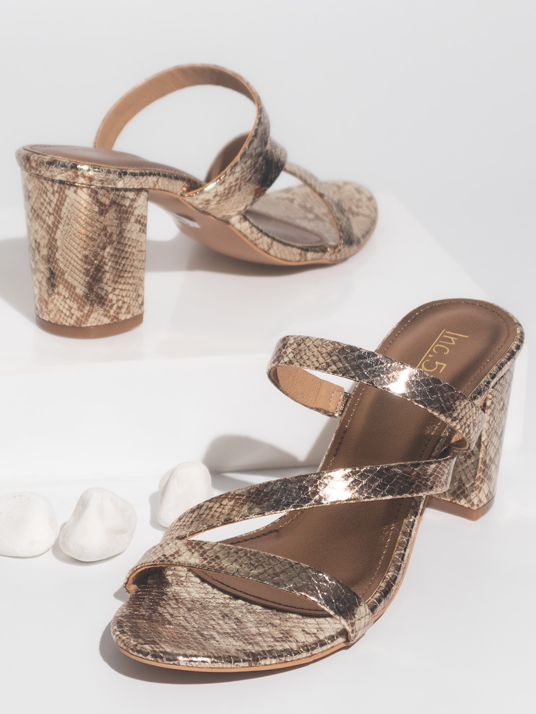 

Inc 5 Printed Open Toe Party Block Heels, Gold