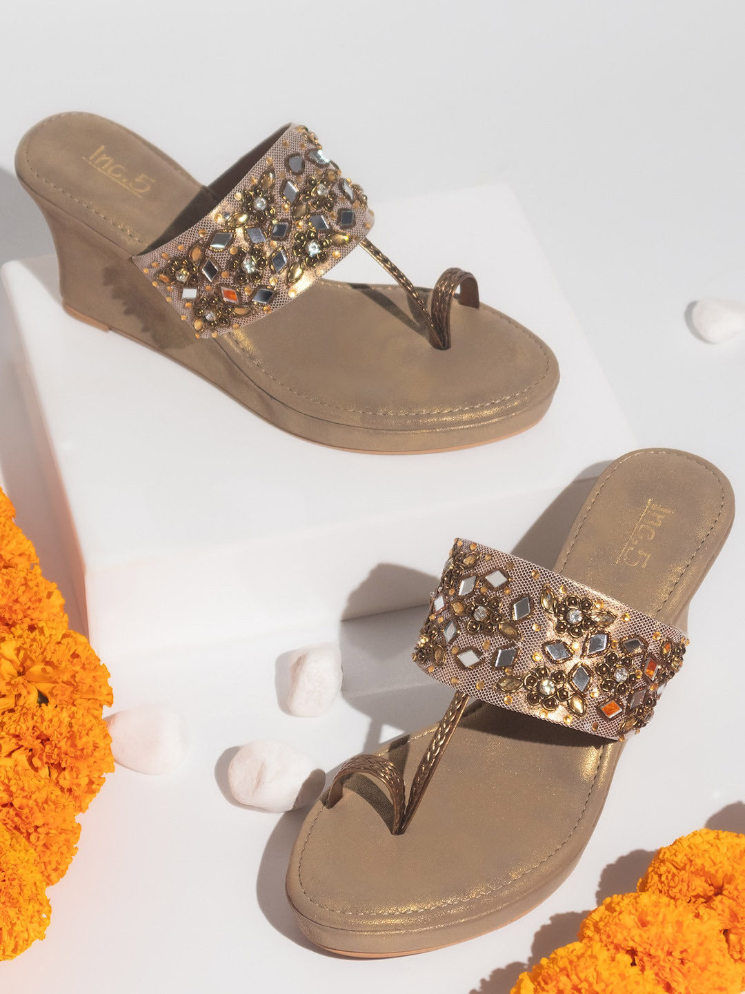 

Inc 5 Embellished Open Toe Wedge Heels, Gold