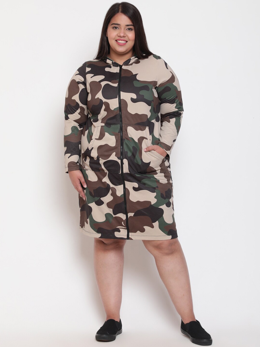 

Amydus Plus Size Camouflage Print Hooded Neck Long Sleeve Shirt Dress, Green