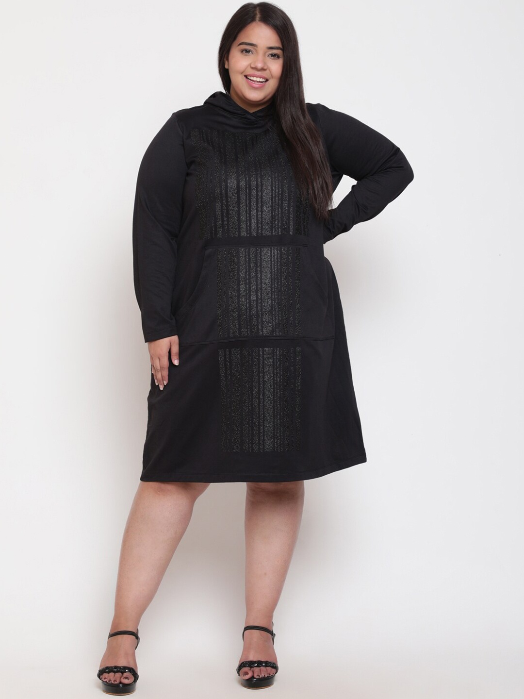

Amydus Plus Size Striped Hooded T-shirt Dress, Black