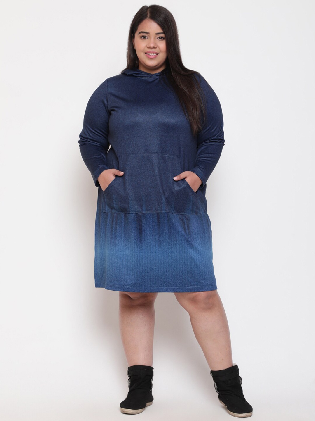 

Amydus Plus Size Ombre Printed Hooded Cotton A-Line Midi Dress, Blue