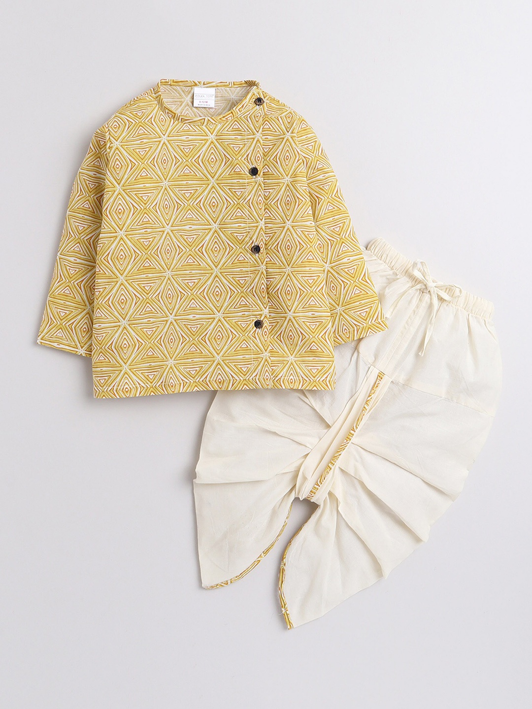 

Polka Tots Kids Geometric Printed Pure Cotton Kurta with Dhoti Pants, Yellow