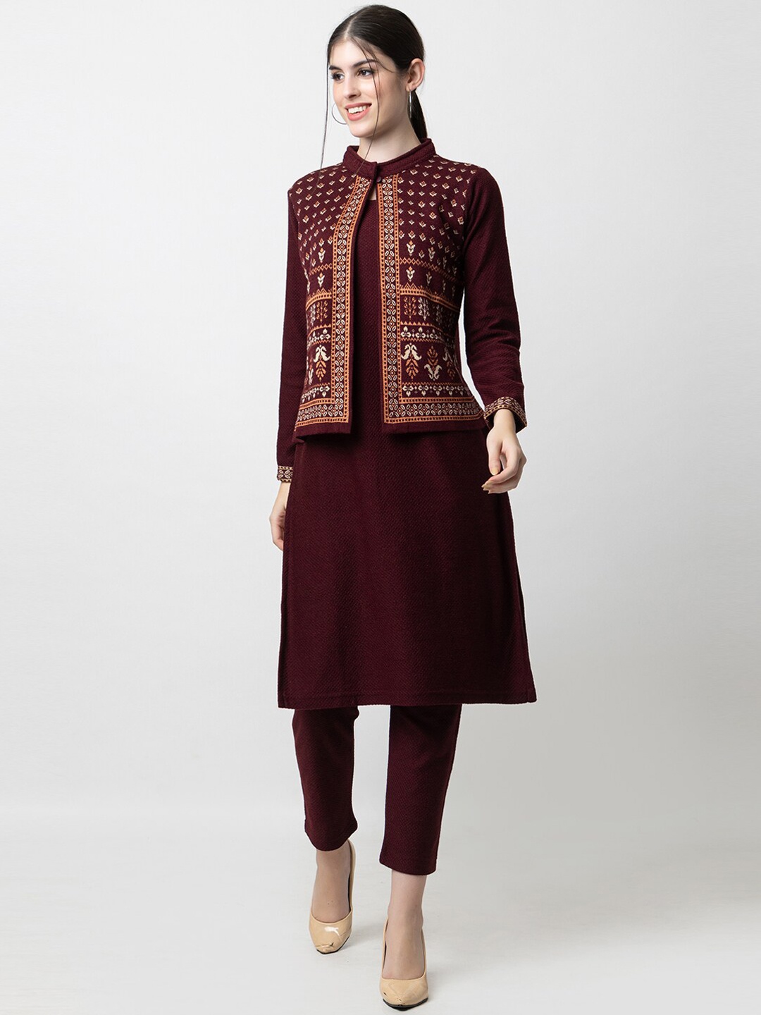 

KEIKO Woven Design Acrylic Kurta With Trouser, Burgundy