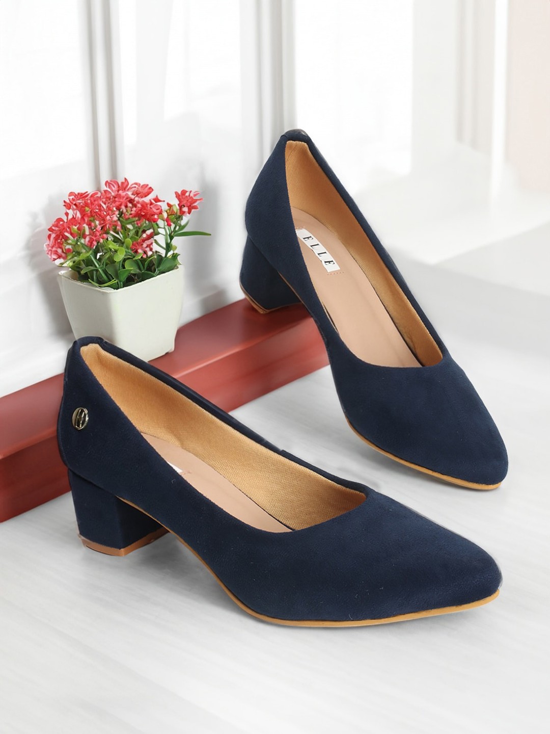 

ELLE Pointed Toe Block Heel Pumps, Navy blue