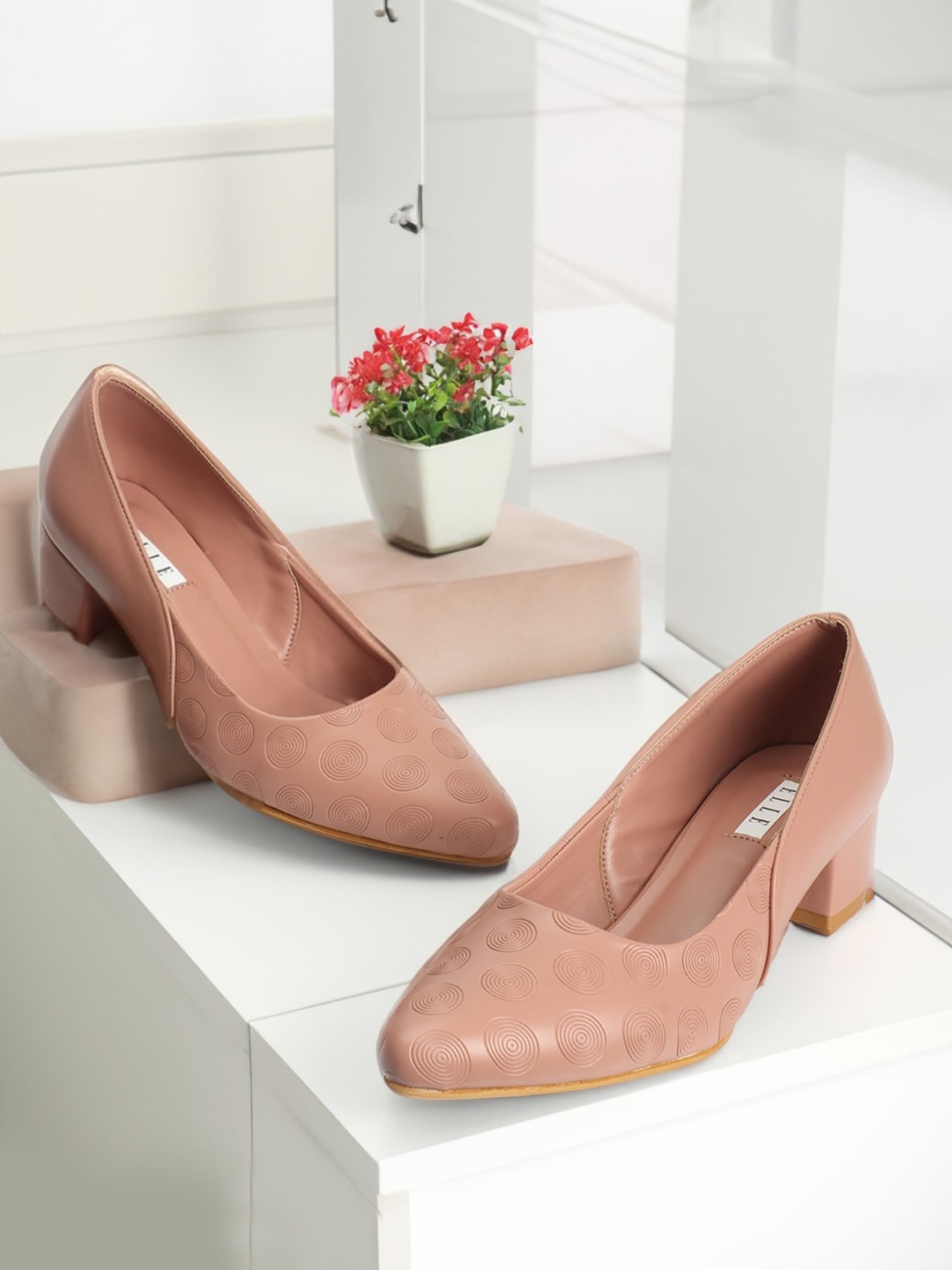 

ELLE Textured Pointed Toe Block Heel Pumps, Nude