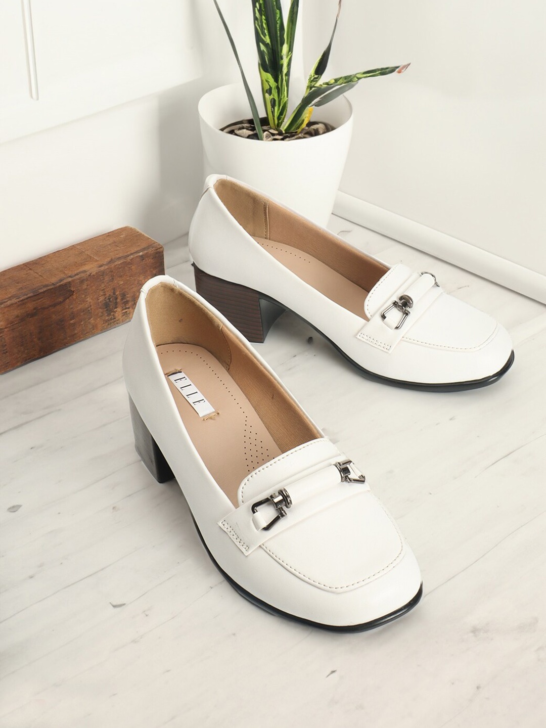 

ELLE Buckled Round Toe Block Heel Pumps, White
