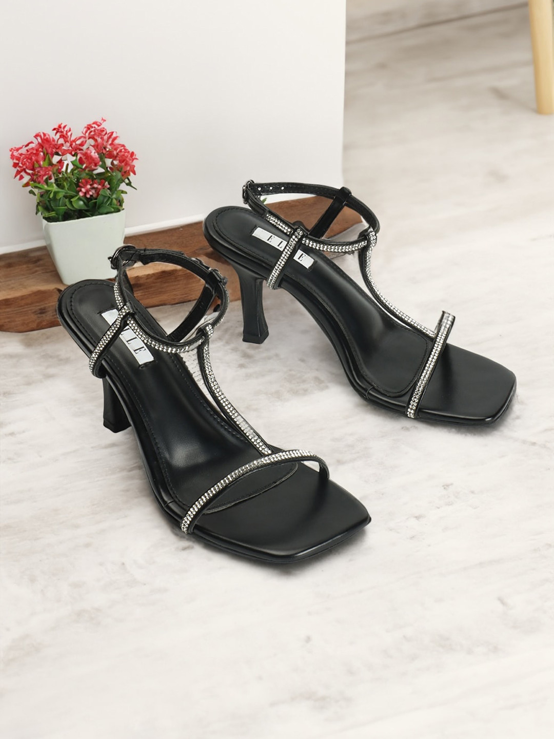 

ELLE Embellished Open Toe Slim Heels, Black