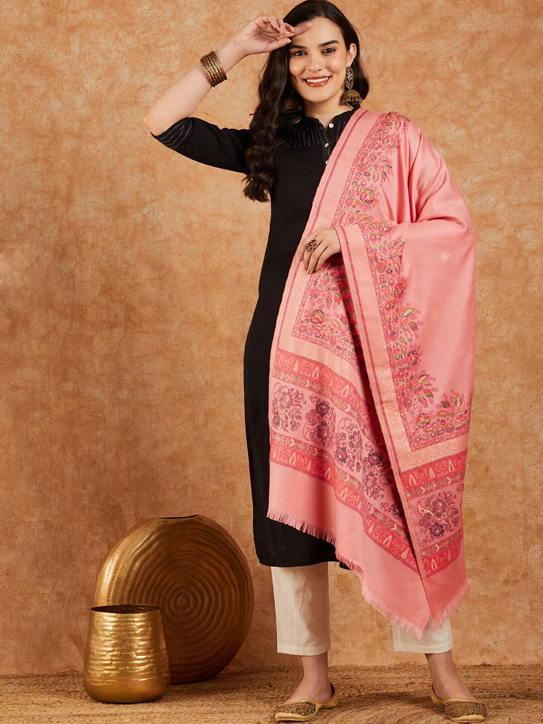 

HK colours of fashion Floral Woven-Design Pashmina Wool Shawl, Pink
