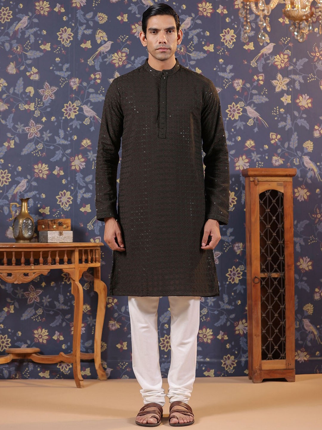 

House of Pataudi Embroidered Regular Sequinned Kurta with Churidar, Olive