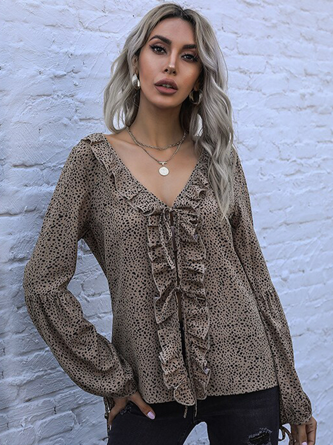 

StyleCast Khaki Animal Printed Puff Sleeves Tie Up Neck Top
