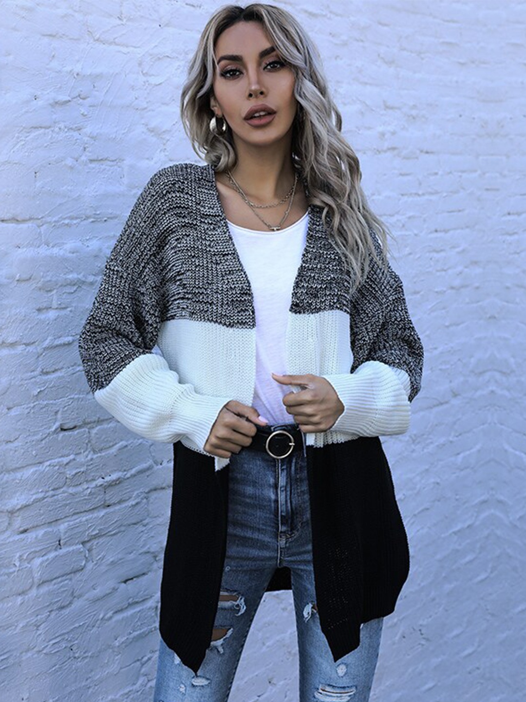 

StyleCast Black Colourblocked Long Sleeves Front-Open Sweater