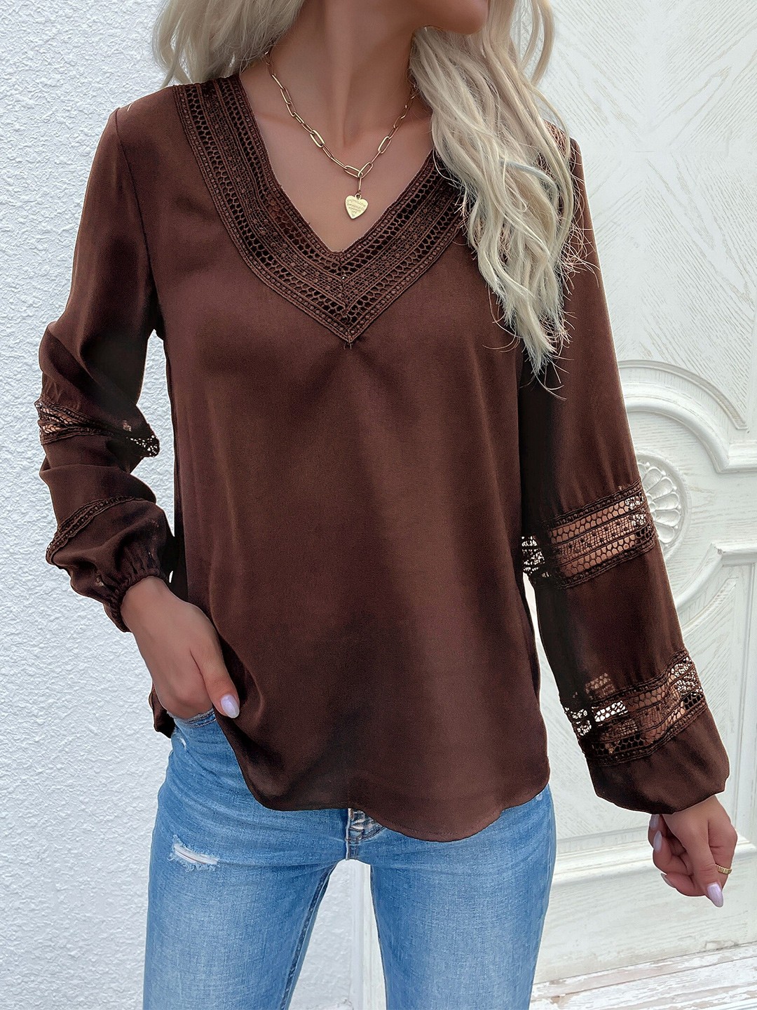 

StyleCast Coffee Brown Lace Insert V-Neck Top