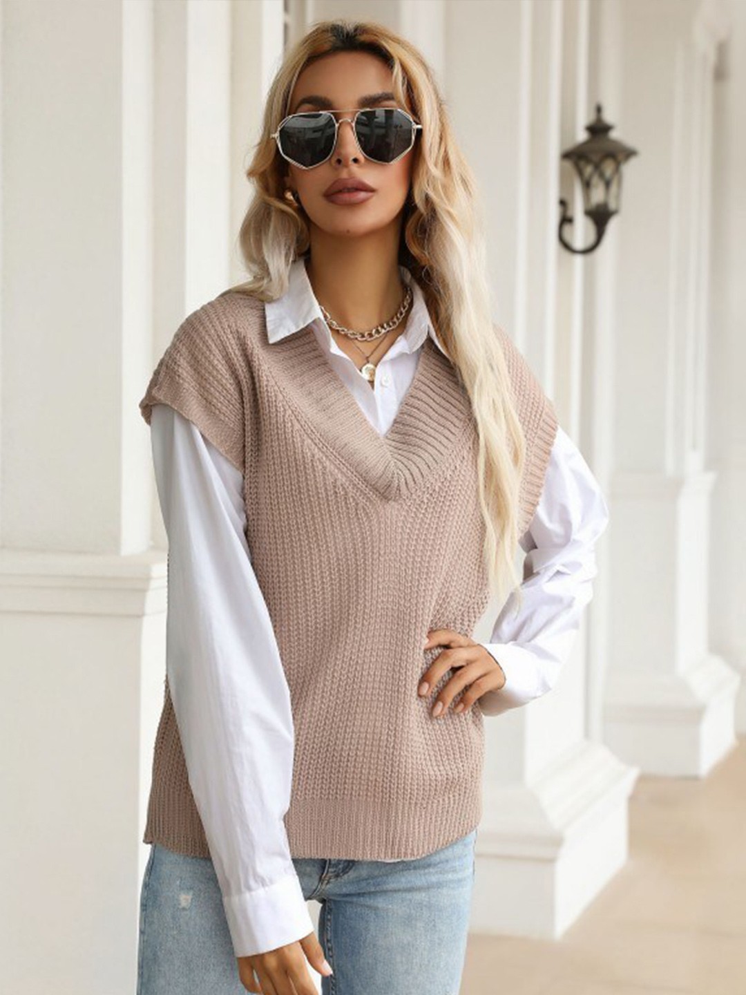 

StyleCast Khaki V-Neck Self Design Top
