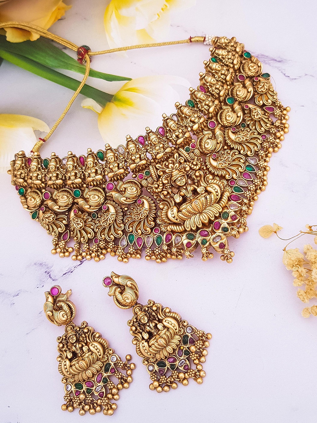 

GRIIHAM Gold-Plated CZ Stone Studded & Beaded Brass Jewellery Set