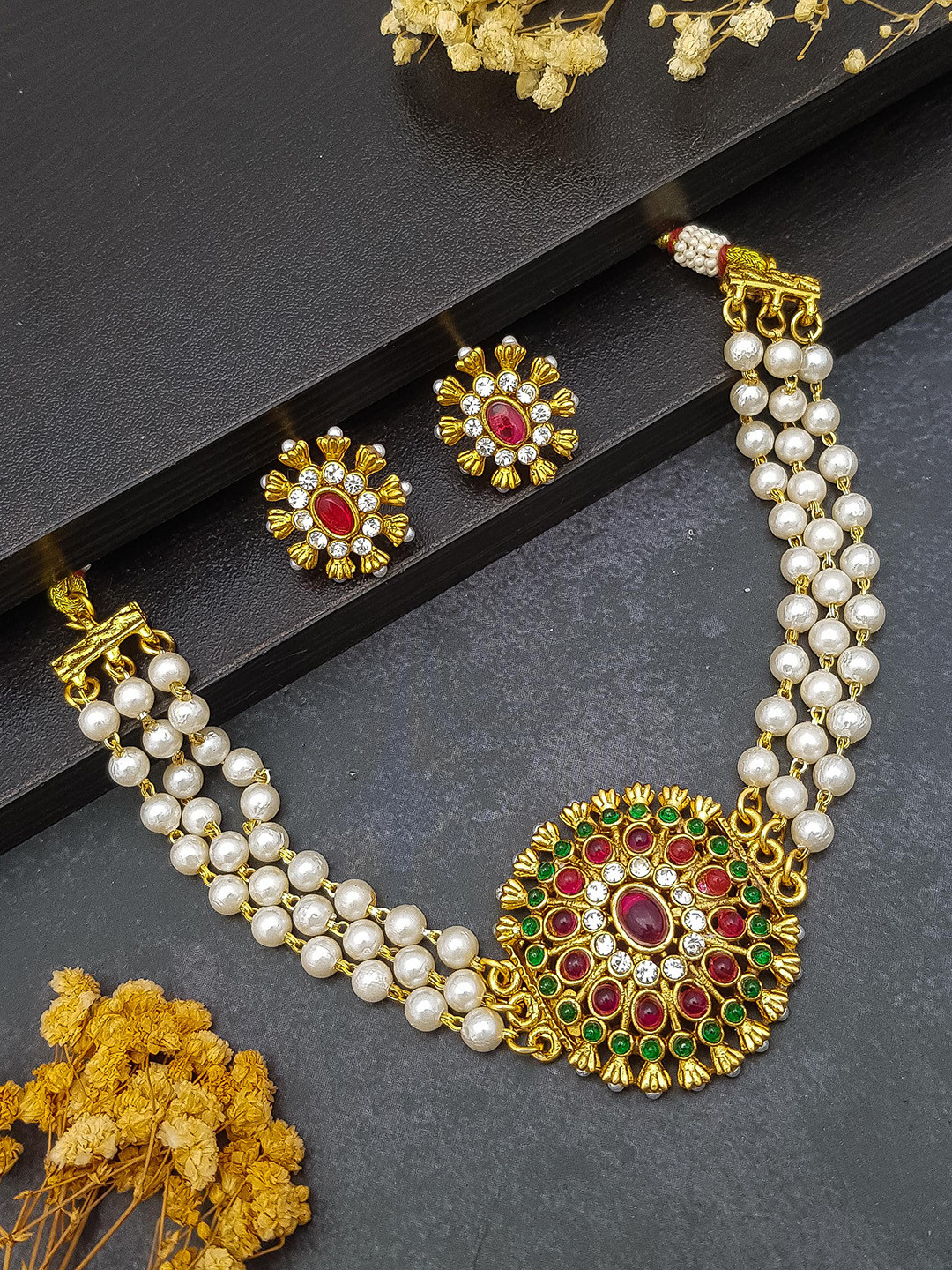 

GRIIHAM Gold-Plated CZ Studded Choker Necklace & Studs Earrings