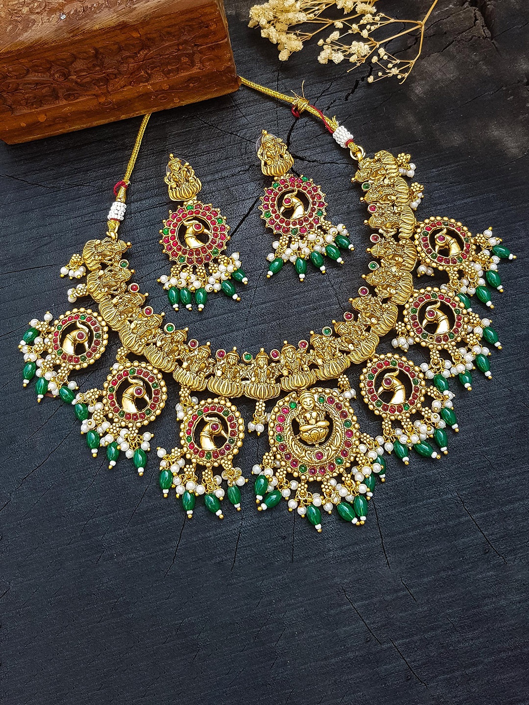 

GRIIHAM Gold-Plated CZ Stone Studded & Beaded Brass Jewellery Set