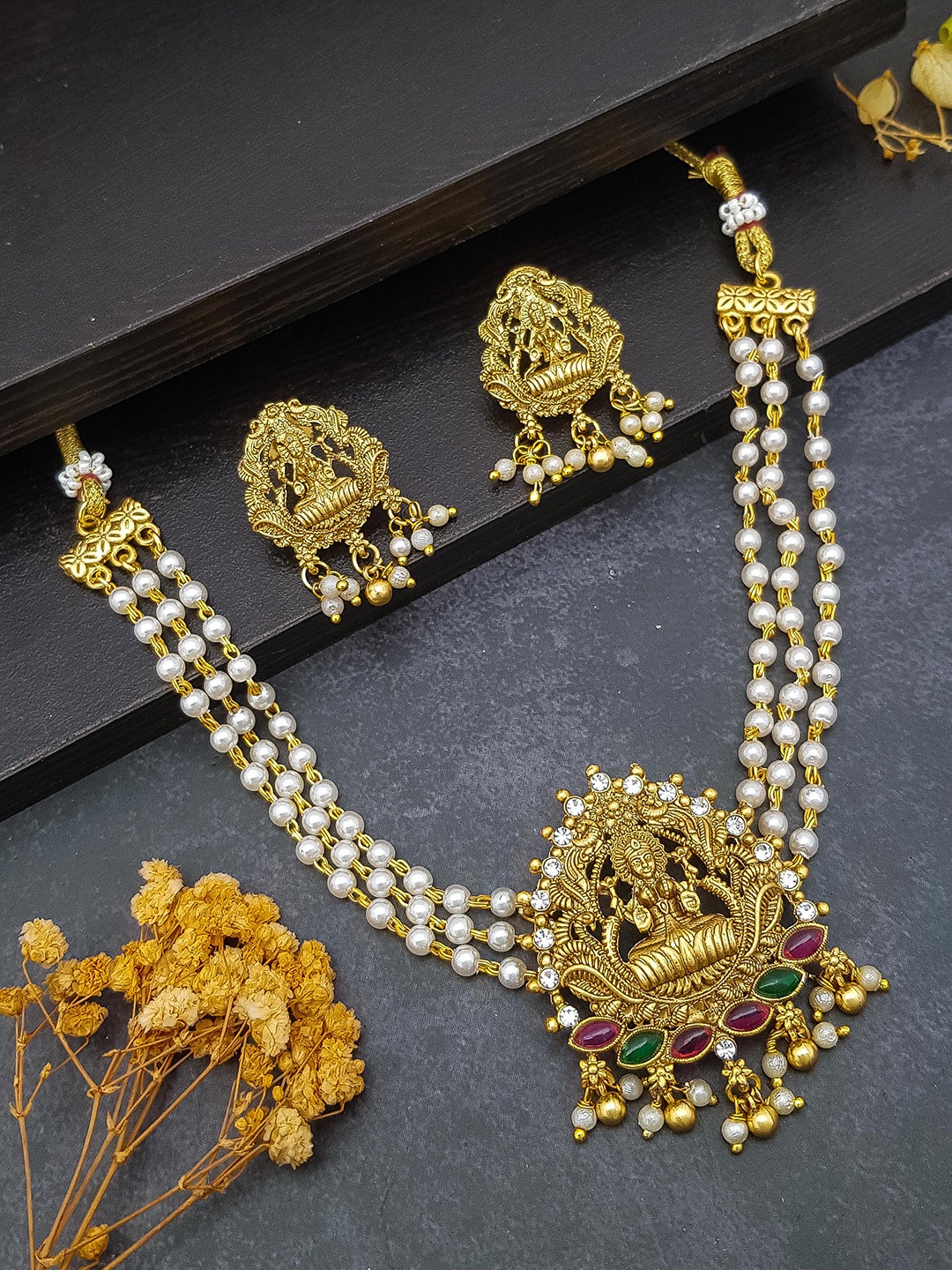 

GRIIHAM Gold-Plated AD Stone Studded & Beaded Jewellery Set