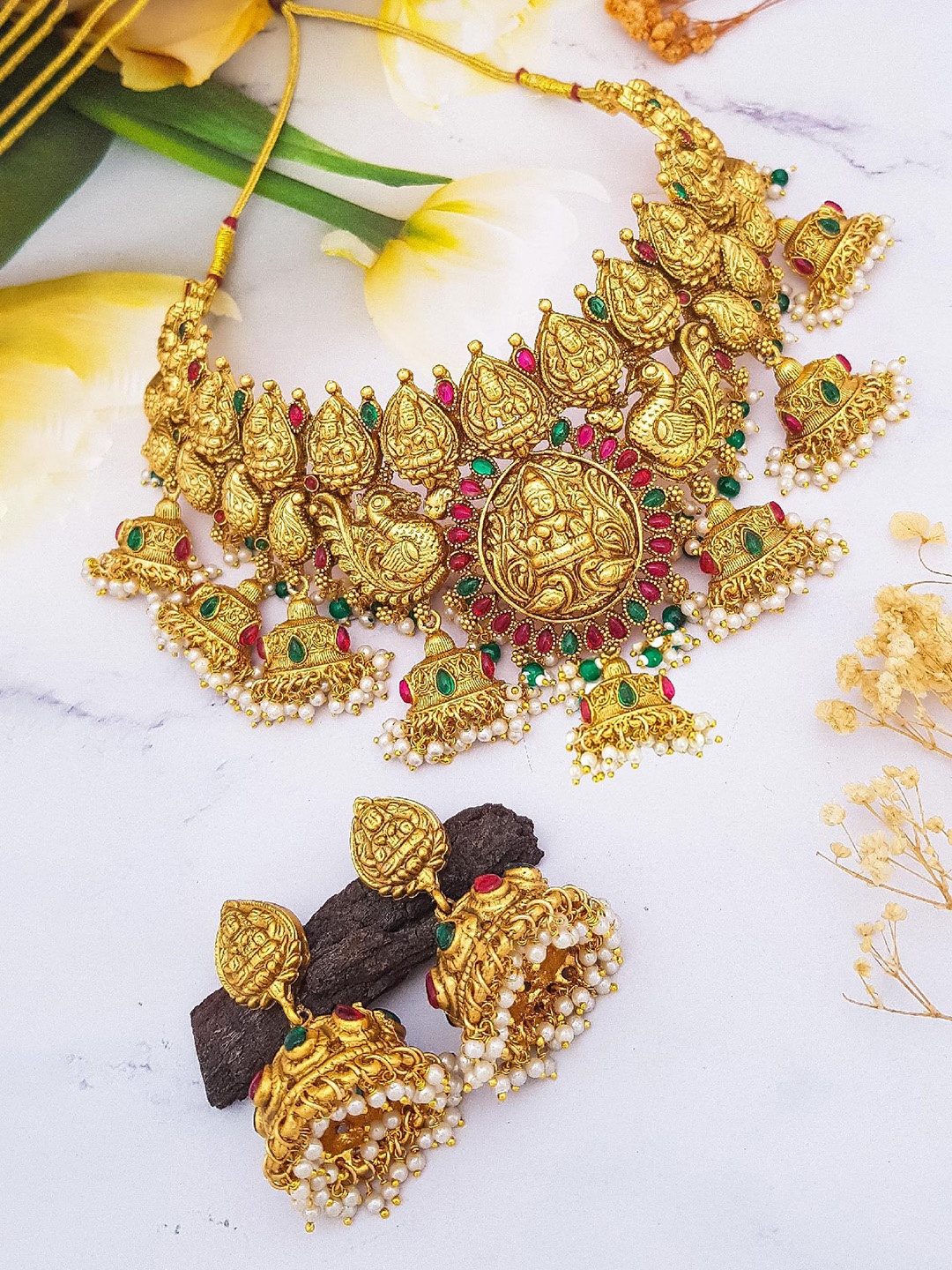 

GRIIHAM Gold-Plated CZ Stone Studded & Beaded Brass Jewellery Set