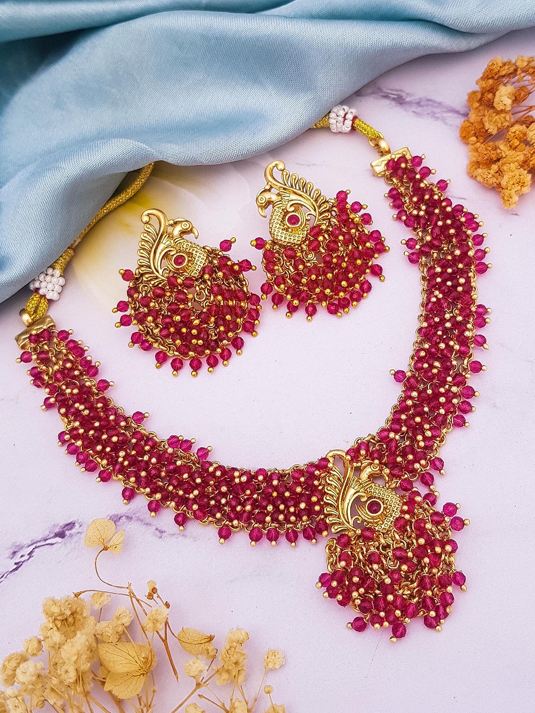 

GRIIHAM Gold-Plated CZ-Studded & Beaded Brass Jewellery Set