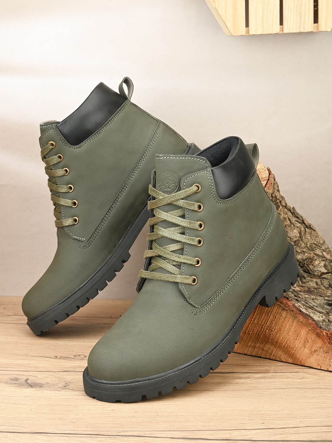 

The Roadster Lifestyle Co. Men Olive Green Mid Top Regular Boots