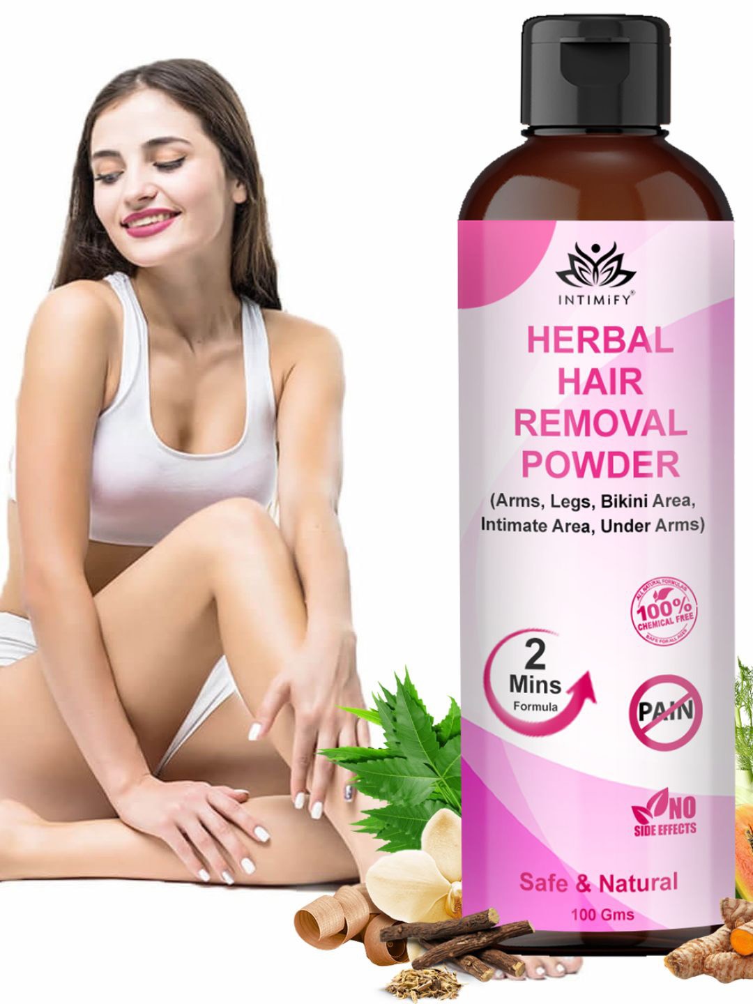 

INTIMIFY Herbal Hair Removal Powder With Turmeric & Neem - 100g, Pink