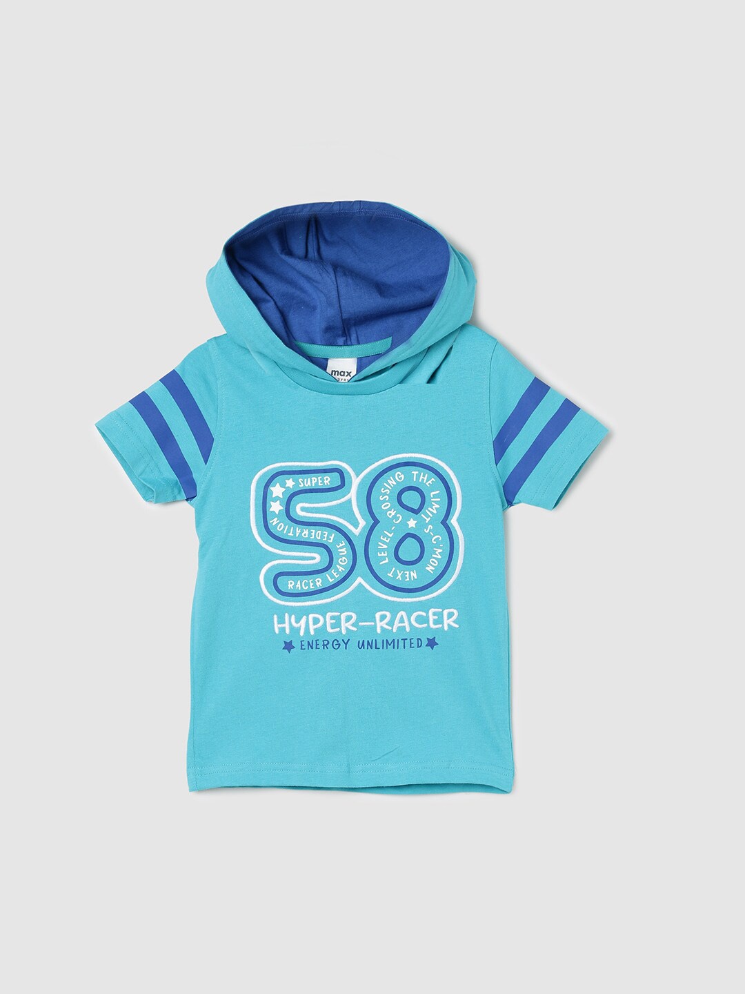 

max Boys Typography Printed Cotton Hooded T-shirt, Blue