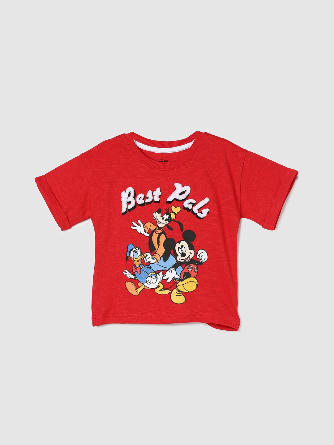 

max Boys Mickey & Friends Printed Round Neck Pure Cotton T-shirt, Red