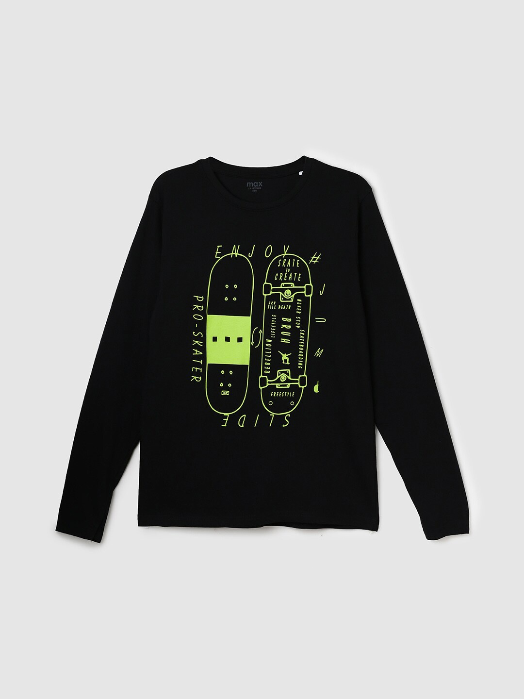 

max Boys Typography Printed Pure Cotton T-shirt, Black