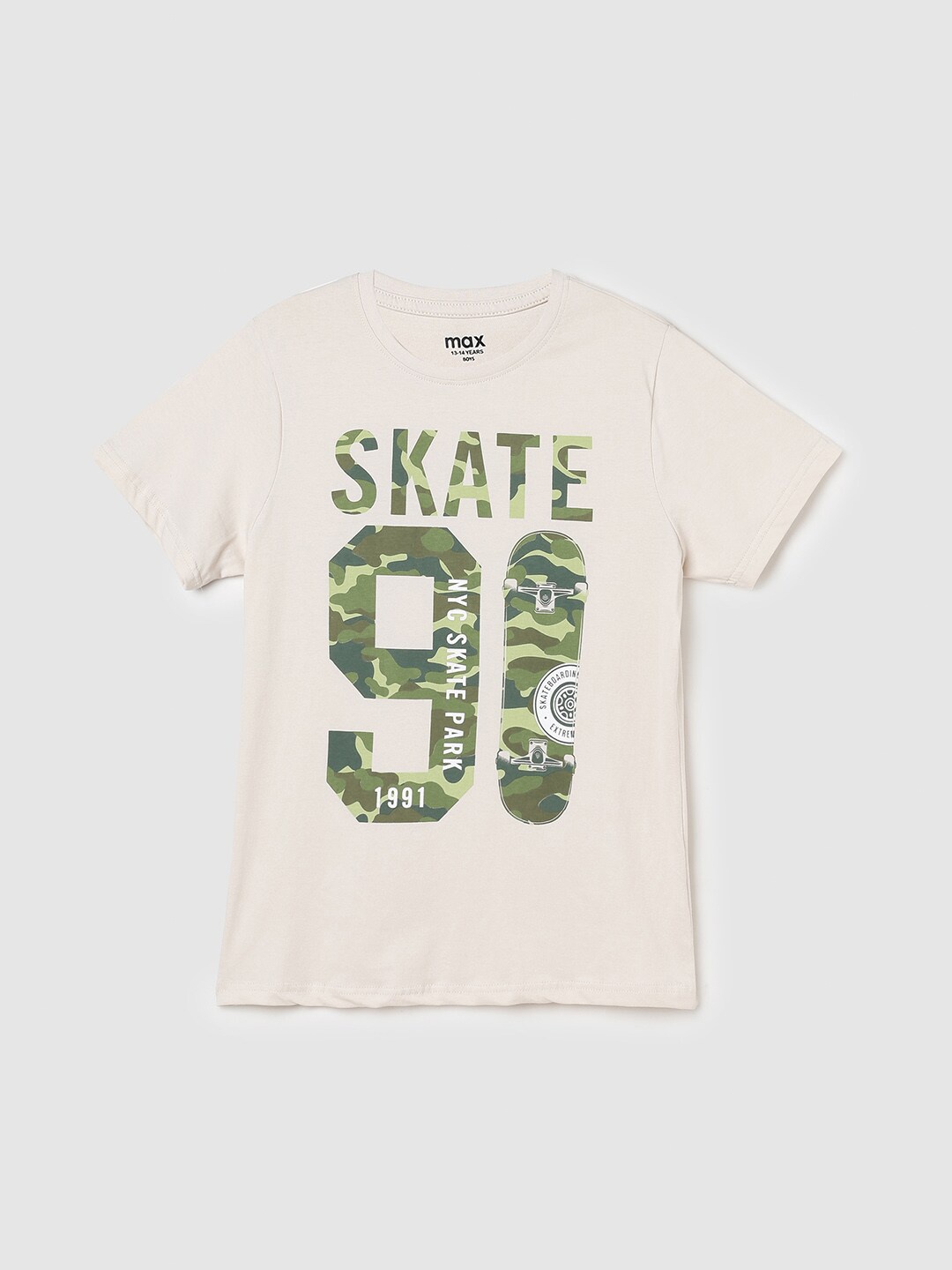 

max Boys Typography Printed Pure Cotton T-shirt, Grey