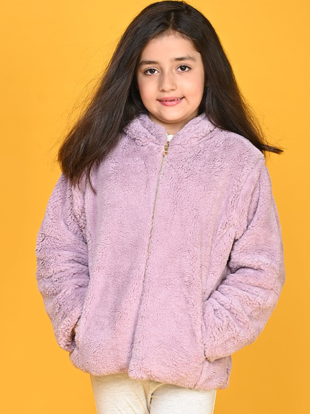 

Anthrilo Girls Self Design Hooded Bomber Jacket, Purple