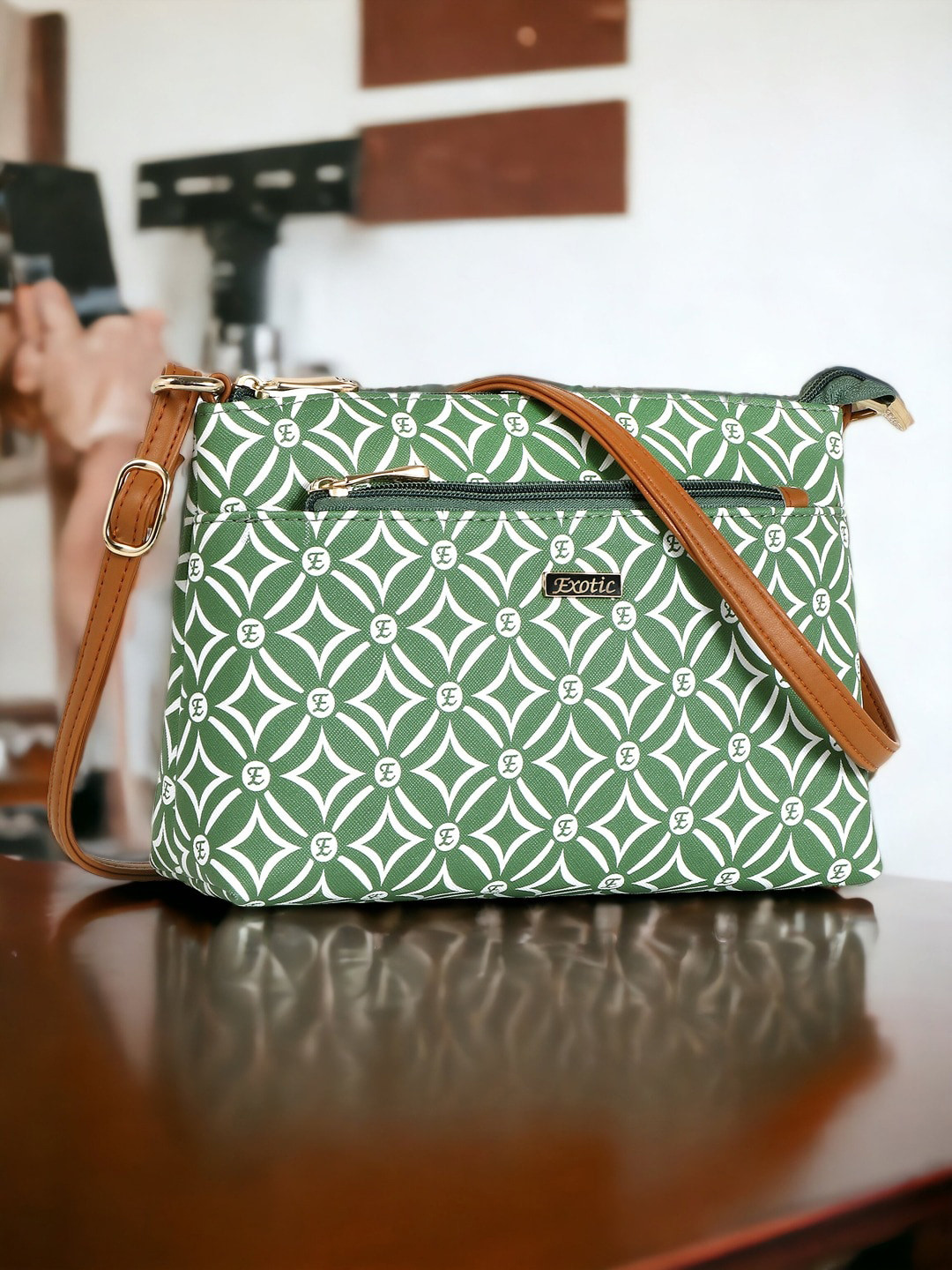 

Exotic Printed Structured Sling Bag, Green