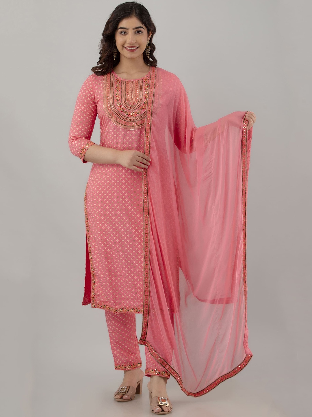 

KALINI Ethnic Motifs Printed Regular Thread Work Kurta With Trousers & Dupatta, Pink