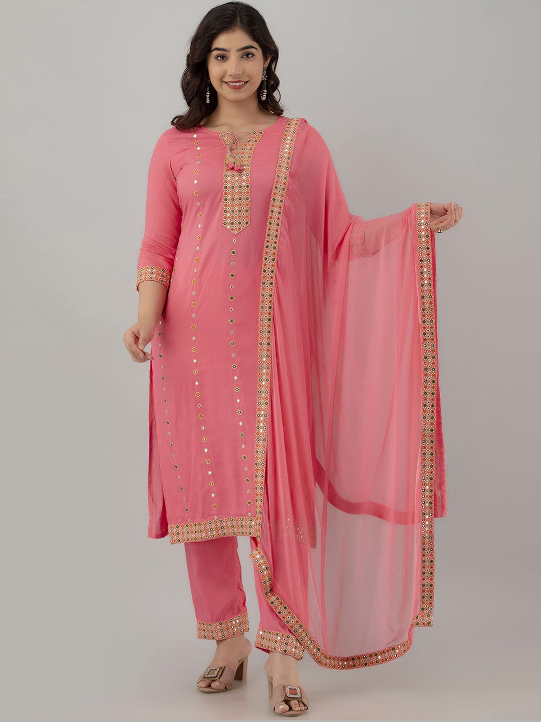 

KALINI Ethnic Motifs Embroidered Tie-Up Neck Mirror Work Kurta with Trousers & Dupatta, Pink